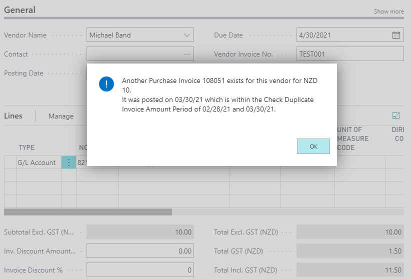 Purchase Invoice Check Message